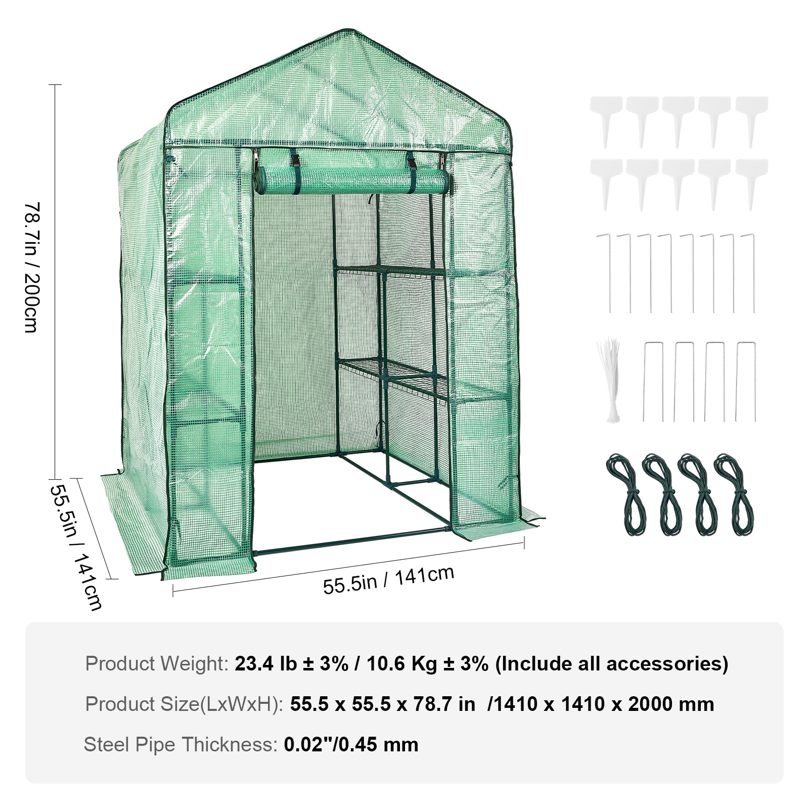Walk-in Green House, 4.6 X 4.6 X 6.6 Ft , Greenhouse With Shelves, High Strength PE Cover With Zipper Door And Steel Frame, Assembly In Minutes, Suitable For Planting And Storage_maomaolike.com